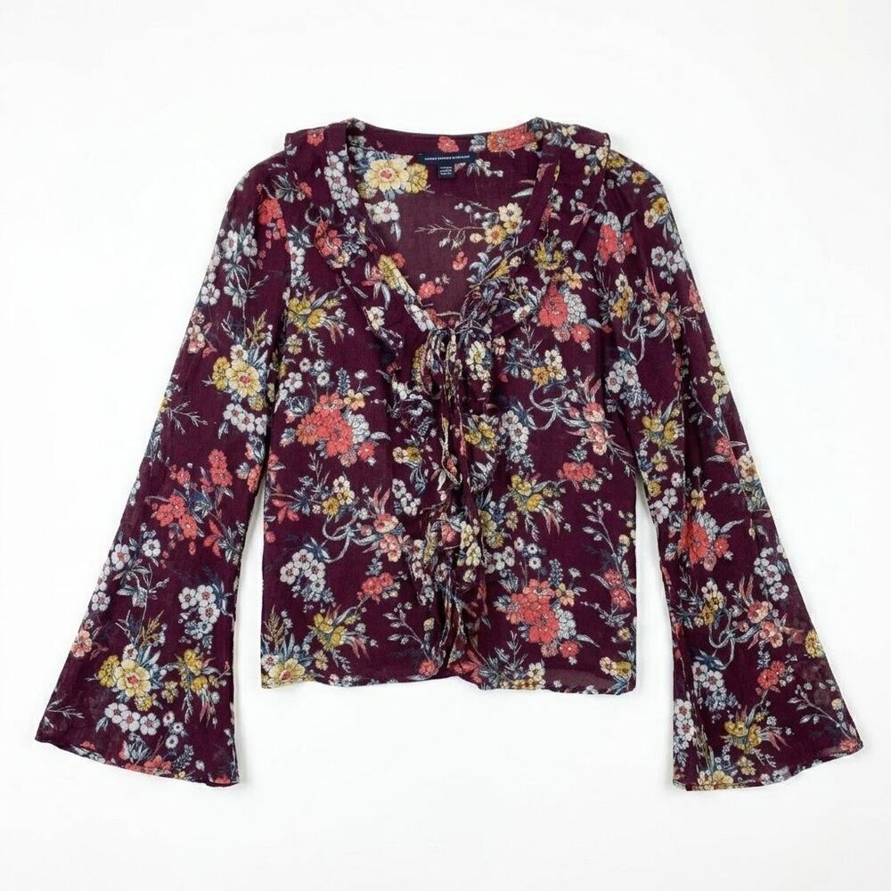 American Eagle Lace Up Ruffle Peasant Top Purple Floral Bell Sleeve Womens Small